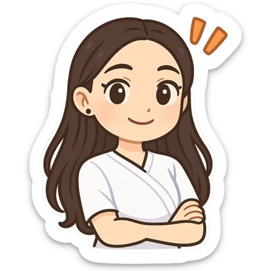 3D chibi bitmoji style sticker of the girl from the reference image, with long dark hair and wearing a white medical top, showing a kind and smart face with exclamation marks, with a white outline and transparent background. sticker