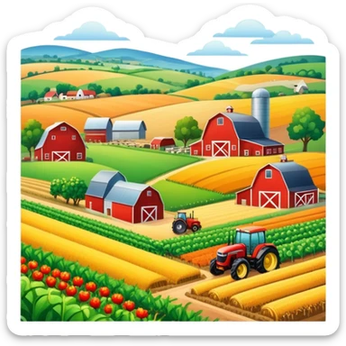 colorful rural landscape, inspired by farming simulators like Farming Simulator 22. The design shows fields, tractors, and barns, with vibrant crops and animals in the background. The peaceful farming scene symbolizes the immersive experience of managing a farm, with a transparent background sticker