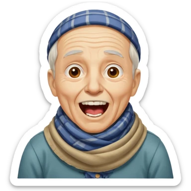 An elderly man with scarf and wrinkles, shouting joyfully despite missing a few teeth. sticker