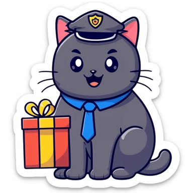 black cat police chief receiving birthday gift, surprised expression, cartoon style, suitable for emoji sticker sticker