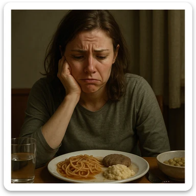 hyper realistic woman with a frustrated or discouraged expression, feeling discomfort, sitting in front of unappealing food, detailed realistic scene, atmosphere of unease sticker