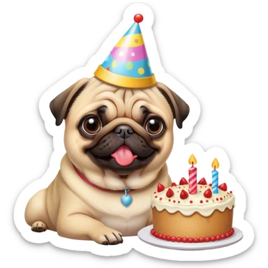 Pug with a birthday hat & a 15 year-old birthday cake eating chicken. sticker