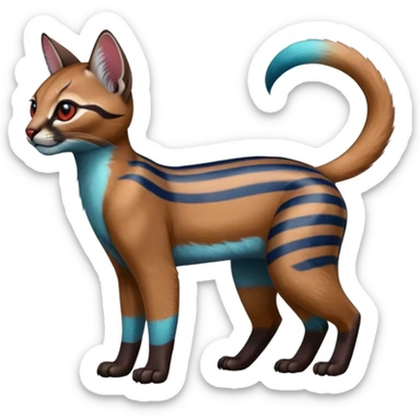 Colorful shiny striped blue with red markings tropical glorious iridescent divine exotic cute cool beautiful realistic caracal-civet-genet-sergal-vernid-Cacomistle-Trico-oncilla-animal-Fakémon-hybrid-fursona (full body) sticker