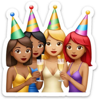 1 light brown girl, 1 dark brown girl, 1 asian girl, partying sticker