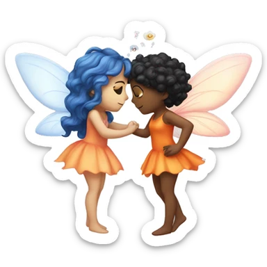 two fairies kissing, one is pale white and has a pink dress and her hair is orange, and other is with curly black hair and a blue dress sticker