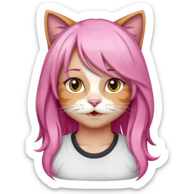 calico cat wear long pink hair wig, white T-shirt sticker