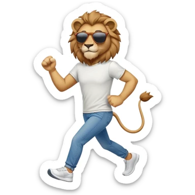 friendly anthropomorphised lion in jeans and a t-shirt, wearing dark sunglasses, jogging upright in standard pose sticker