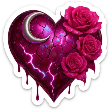 Edit the gothic heart to use fractured deep pink glass, silver crescent moon, pink roses, iridescent holographic stardust, neon lightning bolts, and a wet, shiny finish. Keep the background transparent. sticker