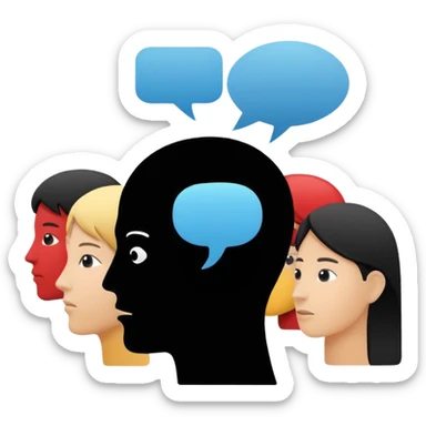 Minimalistic flat vector icon, iOS style, thin black contour on white background. Human head with speech bubble and small group of people silhouettes listening. Clean, no text, no shadows sticker