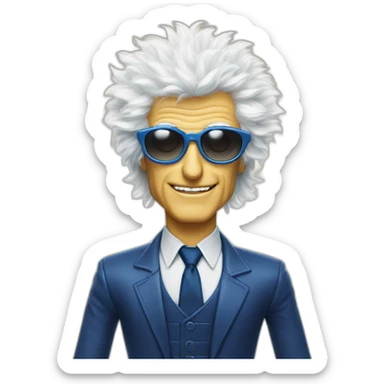 michel polnareff avec des lunettes de soleil blanches, des cheveux longs jaunes et raides, vieux, avec un costume bleu et expression de visage neutre sticker