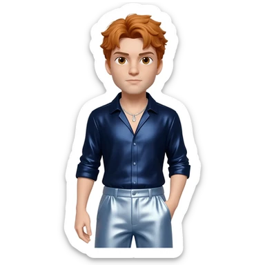Bill Sage with brown eyes, reddish blonde hair, dark blue metallic shirt, light steel blue metallic baggy pants, silver necklace sticker