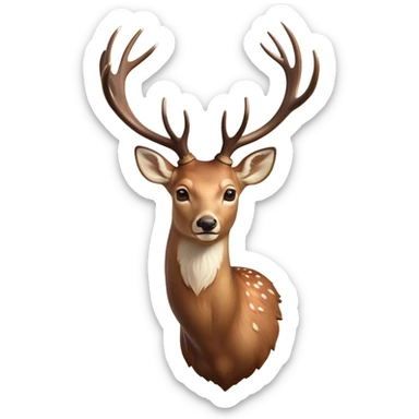 Cinematic Noble Deer Portrait Emoji, Poised and regal, with a graceful, slender build and a dappled Fur of warm browns and creams, elegant antlers crowning its head, deep-set soulful gentle eyes, Simplified yet sharp and sophisticated features, highly detailed, glowing with a soft, dignified glow, high shine, intelligent and serene, stylized with an air of forest majesty, focused and attentive, soft glowing outline, capturing the essence of a watchful woodland guardian, so majestic it feels as though it could gracefully leap out of the screen with effortless authority! sticker