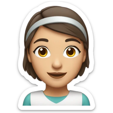 short hair brunette woman smiling with headband at computer sticker