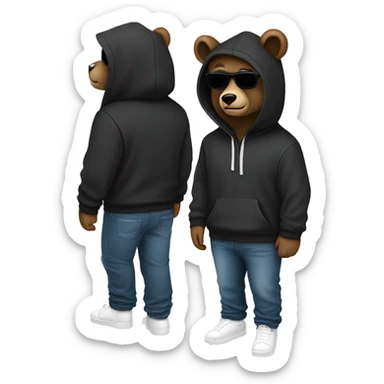 A bear wearing a hoodie and sunglasses with a good three-dimensional effect.Pants, jeans, hood color is black
Slightly wear sunglasses on your nose and make your head look down and your eyes look about two-thirds.
White sneakers sticker