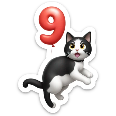 Black and white cat climbing on a balloon shaped like the number 9 sticker