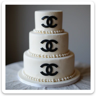 photorealistic tiered cake with Chanel logo patterns, pearls, and elegant black and white fondant, no background sticker