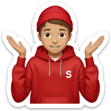 make me an emoji of an americain 15 yearold boy in a red hoodie that says "south" on it and give him with tan skin with his hands in his pockets with the sleevs pulled up grining with a jaw line sticker