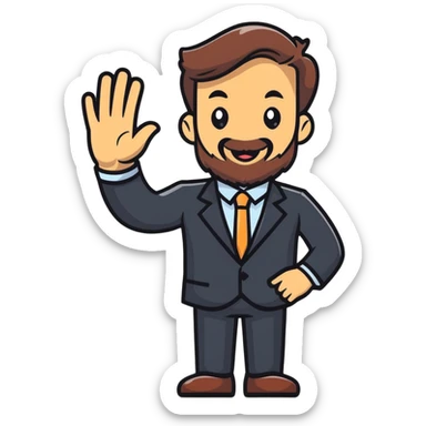 cheerful bearded businessman in suit waving hello sticker