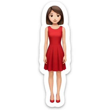 Cartoon emoji of a young brunette woman with fair-medium skin, brown eyes, wearing a red outfit. Full-height, standing confidently in a red dress  posing sexy with a smile and relaxed posture. Smooth, friendly, stylized, make up on, flirty eyes and smile sticker