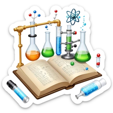 Icon for Scientific and Educational Reading: an open book with mathematical and physical formulas on the pages, with molecules and atoms flying out. On the desk are test tubes, flasks, and a microscope. Transparent background. sticker