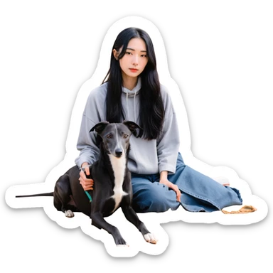 A very beautiful and attractive 25-year-old Japanese woman with long flowing black hair and a SOLID DARK GREY whippet sitting together on a beach during a beautiful sunset. The whippet MUST be COMPLETELY SOLID DARK GREY with ABSOLUTELY NO WHITE MARKINGS ANYWHERE - no white chest, no white face, no white paws, no white tip on tail - ENTIRELY ONE SOLID DARK GREY COLOR throughout the entire dog. Orange and red sunset sky over the ocean, sandy beach in the foreground. sticker