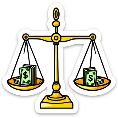 A decorative gold balance scale with green money and dollar signs on one side and three colorful stars on the other side sticker