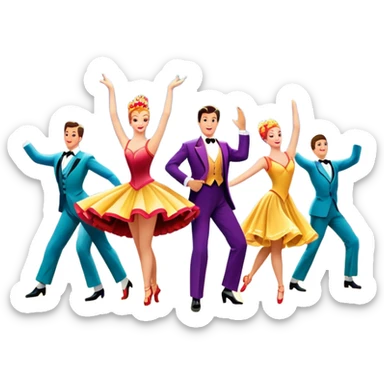 Icon for Musical Movie: A vintage movie poster-style design with a lively, colorful scene—dancers in glamorous costumes, bright lights, and musical notes floating in the air. Include elements like a grand stage, a spotlight, and instruments. Retro cinematic feel. Transparent background. sticker
