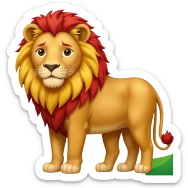 fun emoji with a lion standing on a row of green, white, and red squares, with a sun shining in the background sticker