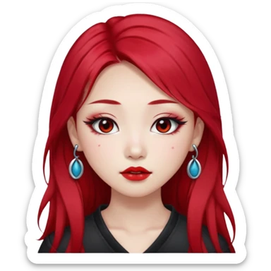 pretty girl asian, red cherry long hair,makeup grunge,Eyebrow and lip piercing sticker