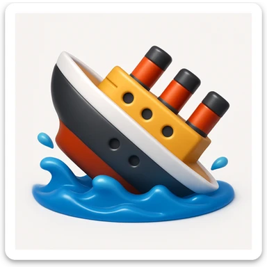 A 3D emoji in iOS emoji aesthetic style of a sinking ship, half-submerged in blue ocean water, tilted downward with small waves around, soft lighting and glossy Apple-style finish, clean white background.


 sticker