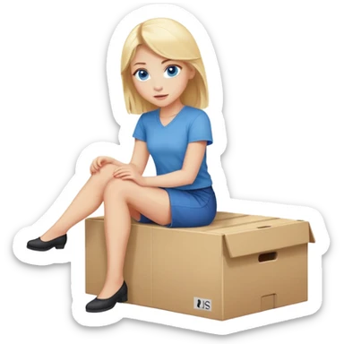 blonde woman with blue eyes and blonde hair sitting on a moving box sticker