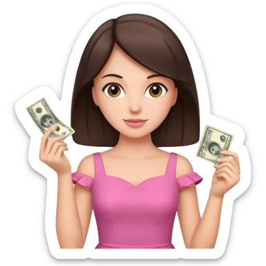 brunet Woman wearing pink dress holding dolar sticker