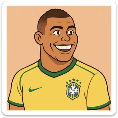 cartoon illustration of Ronaldo Fenômeno, the famous Brazilian footballer, smiling, with his iconic short hair and Brazil jersey sticker