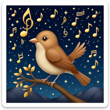 a nightingale bird singing with musical notes visible, flying against a dark starry night sky sticker