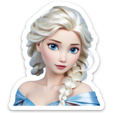 Cinematic Realistic Elsa Portrait, depicted with lifelike skin texture, soft natural lighting, and intricately detailed platinum blonde hair styled elegantly. Her striking, expressive blue eyes exude confidence and grace, complemented by a serene and regal expression. She is dressed in her signature icy attire, with shimmering fabric textures and delicate folds that catch the light beautifully. The portrait features a soft, enchanting glow with a cool, radiant finish, capturing the essence of timeless elegance in a realistic and painterly style, evoking a sense of depth and authenticity. sticker