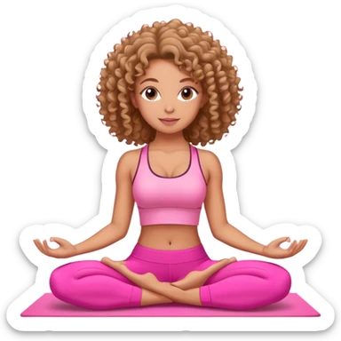 Uma mulher de cabelo cacheado, usando roupa de yoga rosa, em uma posição de yoga bonitinha  sticker