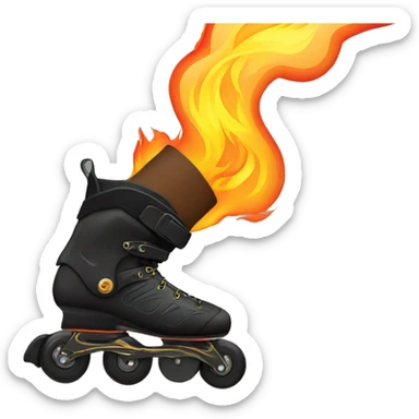 a black inline rollerblade on the road with the wheels on fire sticker