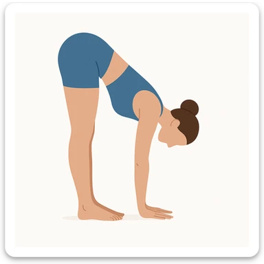 "Minimalist flat vector illustration of a woman doing yoga in forward fold pose (Uttanasana), wearing sportswear (blue top and blue shorts), brown hair in a bun, clean white background, no face details, elegant style" sticker