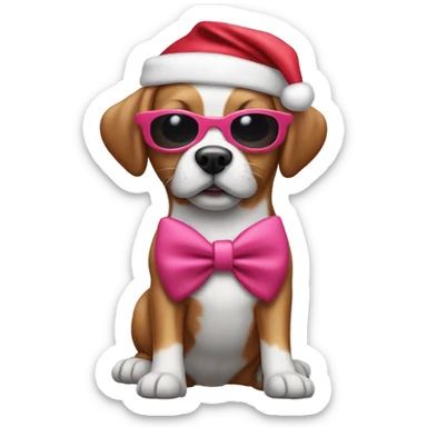 dog with pink sunglasses with a santa hat and red clothes and a white bow tie sticker