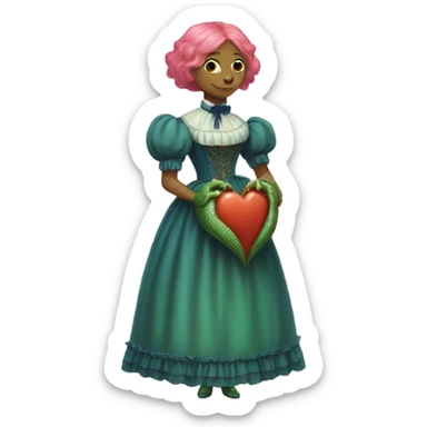 a green reptilian woman in Victorian orange and blue dress, pink hair,holdig, red big hearth, full body sticker