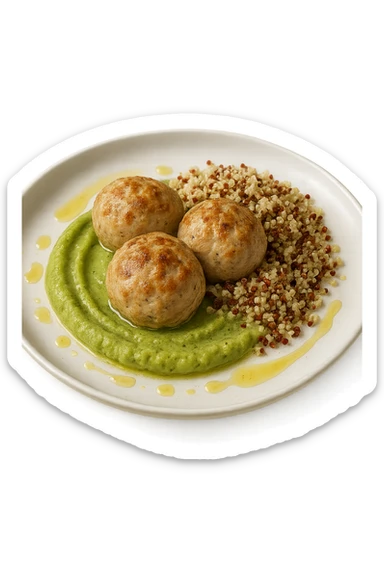 polpette di tacchino, purè di zucchine, quinoa e olio di oliva, iperrealistico 4k sticker