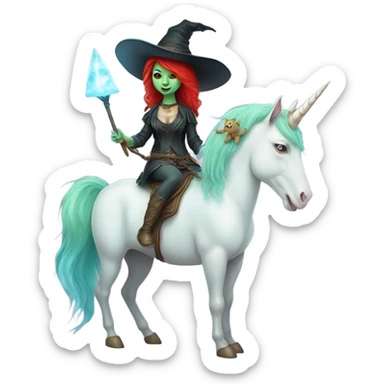 [politically incorrect, (
	{ female, alien, witch, color: light green, hair:red, eyes:cat} ]
	on a 
	[{ unicorn: white, legged:four, mane: light blue }]) sticker