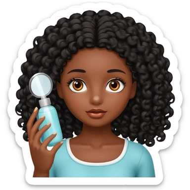 Uma boneca morena escura com olhos castanhos e cabelo cacheado longo preto, fazendo skin care sticker