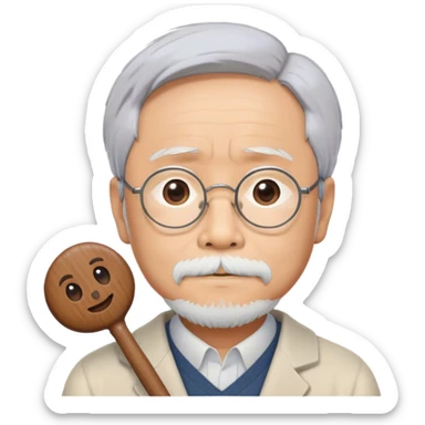 Cinematic Realistic Hayao Miyazaki Portrait Emoji, depicted as a visionary filmmaker with a gentle imaginative expression and artistic flair, rendered with delicate textures and soft enchanting lighting that captures his legendary storytelling. sticker