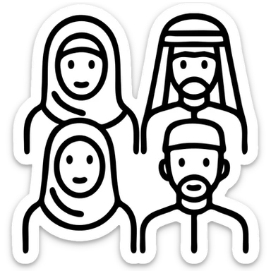 icon of a group of diverse Islamic people including men and women in traditional attire, modern icon style, simple and inclusive, no text sticker
