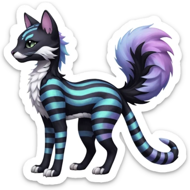 Kawaii black pastel iridescent beautiful pretty elegant divine edgy fantasy feline-vernid-sergal-fursona animal creature with a tufted tail full body with intricate markings  sticker