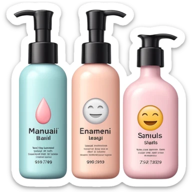 emoji of three different beauty products, with brand labels, minimalistic but luxury design (realistic), pastel colors sticker