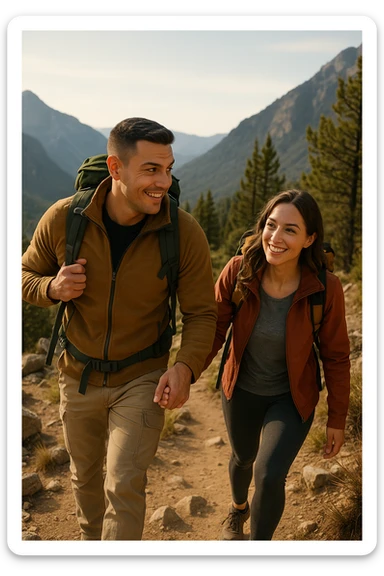 a man and woman climb a mountain trail together, the man leading but frequently looking back to ensure the woman is comfortable and supported. The woman follows with determination and a smile, symbolizing trust, encouragement, and the value of supportive leadership within a relationship. sticker