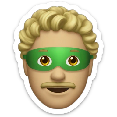 A man with a goatee wearing a green wooden mask with medium length blonde curly hair sticker
