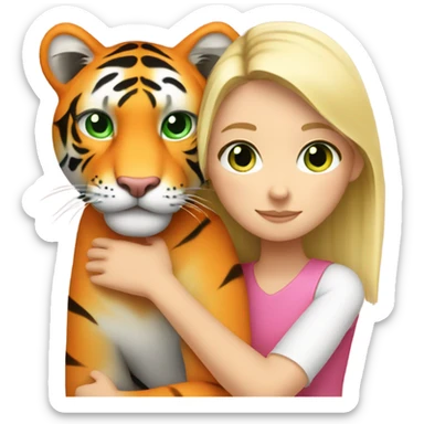 A blonde white girl with green eyes in pink hugs an orange tiger sticker